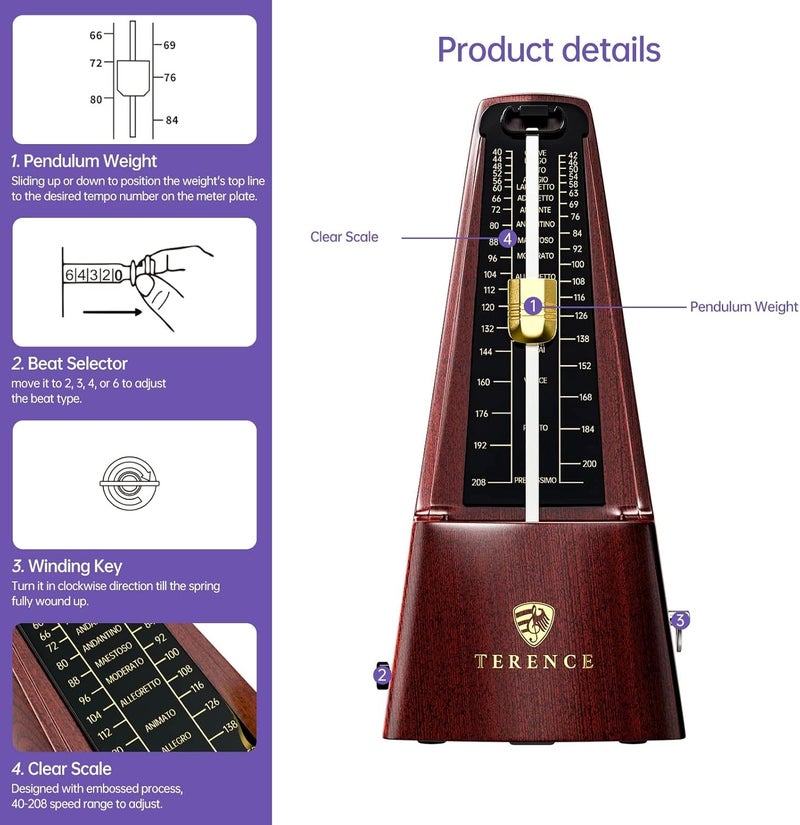 TERENCE Mechanical Metronomes for Piano Guitar Violin Bass Drum and Other Musical Instruments Loud Sound and High Precision Track Beat and Tempo for Beginners (Wood Grain) - Image 2